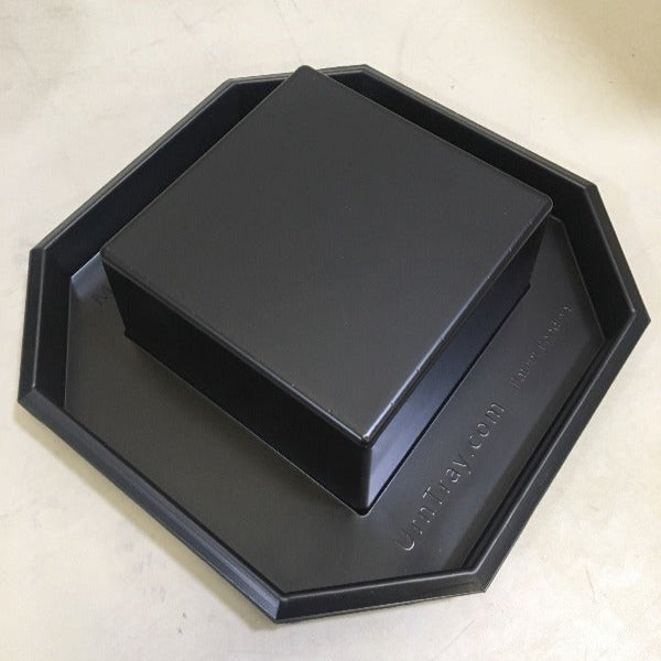 Plain UrnTray container that is made of black styrene plastic with UrnTray.com Patent Pending molded in the bottom for future reference of where to order.  Made in the USA is also molded into the plastic on the opposite side..