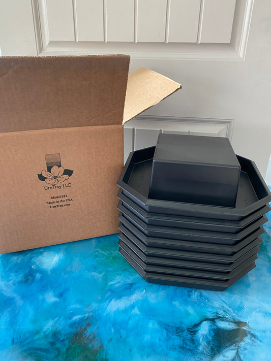 Each box of 8-pak UrnTrays stacked in a 12" X 12" x 12" box 